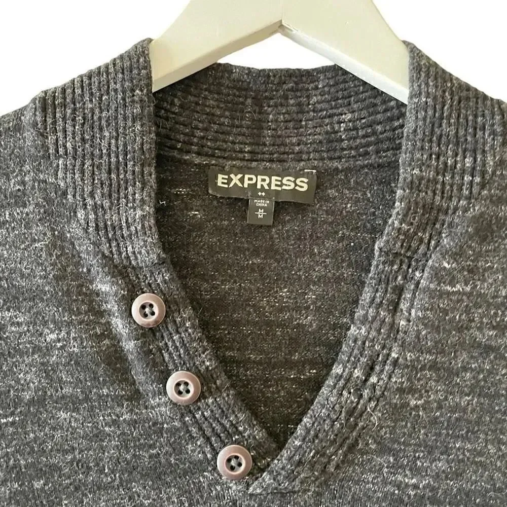 Express Heather Navy V Neck Long Sleeves Cotton Wool Blend Men’s SZ M #1526